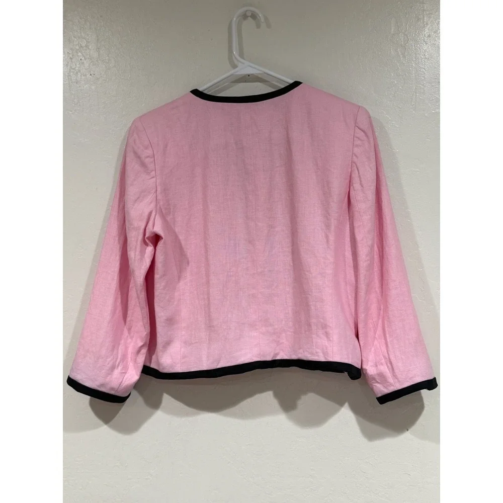 Lauren Ralph Lauren Petite Pink Linen Blazer Black Trim Button Front Jacket 8P
